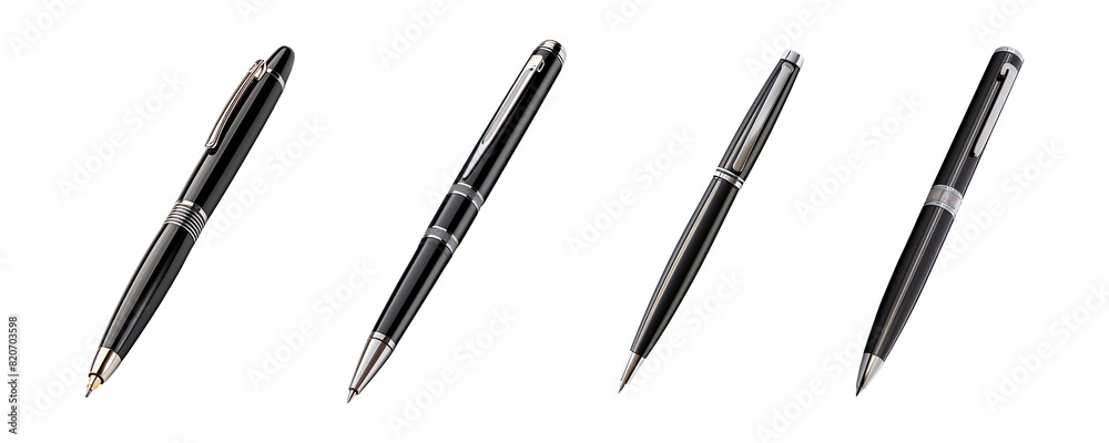 Collection set of black and white ballpoint pens isolated on transparent background