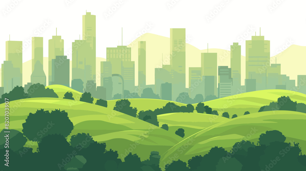 Simple urban landscape with buildings, hills, and trees, creating a calm and peaceful city background