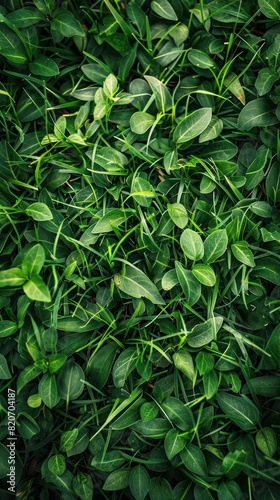 A dense green carpet of leaves covers the ground in this close-up shot