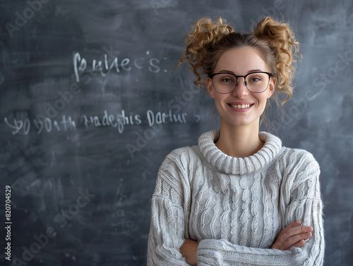 a woman with glasses and a sweater stands in front of a chalkboard. photo