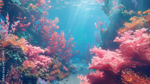 Underwater landscape with corals and crystal clear water and white sand