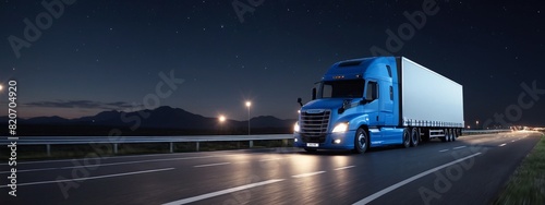 A truck with a trailer drives along a highway at high speed at night under the light of street lights. Logistics and international cargo transportation. Truck is driving fast with a blurry environment