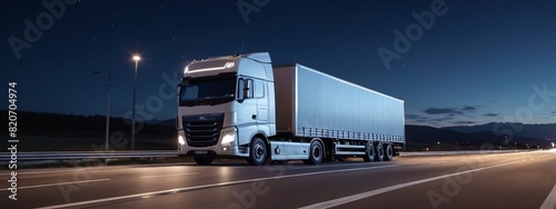 A truck with a trailer drives along a highway at high speed at night under the light of street lights. Logistics and international cargo transportation. Truck is driving fast with a blurry environment