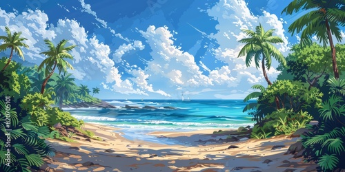 Beautiful Tropical Beach ocean scene with Palm Trees illustration