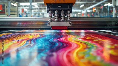 Colorful high-resolution photo of a large format wide-angle vinyl wrap printer in action, printing colorful geometric patterns on fabric and plastic materials