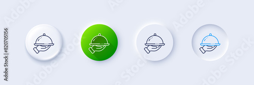 Restaurant food line icon. Neumorphic, Green gradient, 3d pin buttons. Dinner sign. Hotel room service symbol. Line icons. Neumorphic buttons with outline signs. Vector