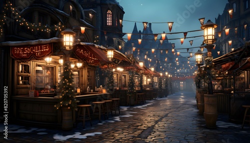 Christmas market in old european city at night, 3d render