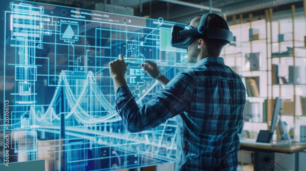 An architect is using VR technology to design a bridge, technical drawing, look upon huge virtual screen An architect is using VR technology to design a bridge, technical drawing, look upon huge virtual screen