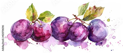 Damson plum Fruit in Stunning Watercolor. photo