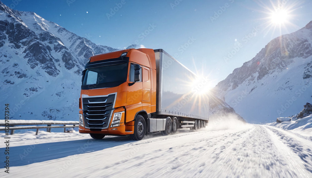 A truck with a trailer is driving along a snowy road at dawn high in the mountains. Logistics and international cargo transportation. Truck is driving fast with a blurry environment.