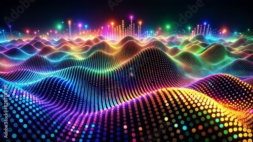 The image depicts a digital landscape with undulating surfaces, resembling mountains or waves. It is illuminated by multicolored lights, including shades of blue, pink, and yellow. 