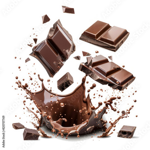 A delightful assortment of chocolate pieces and a splash of milk surrounded by broken chocolate bars and scattered nuts on a white background photo