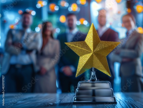 a gold starshaped trophy being presented, with a backdrop of smiling and congratulating business professionals