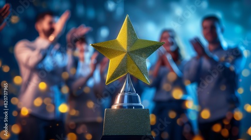 Macro shot of a starshaped trophy held by a winner, surrounded by joyful colleagues clapping and smiling