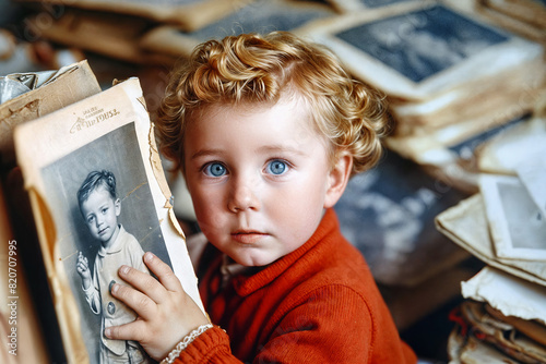 Curious child exploring vintage photographs in a cozy home setting, evoking nostalgia and family heritage photo