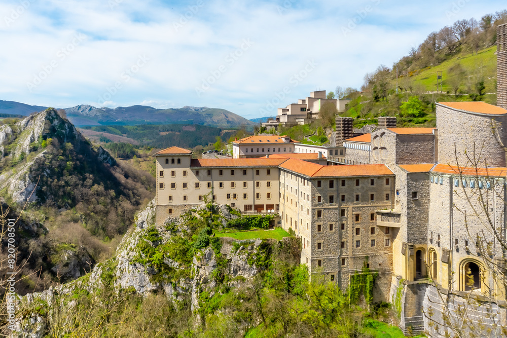 Obraz premium Aerial panoramic view of the Aranzazu Sanctuary in the town of Oñati, Gipuzkoa. Basque Country