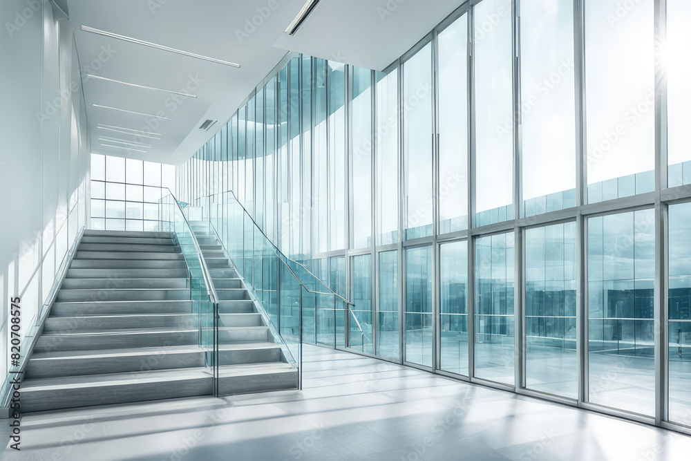 Obraz premium Empty office corridor with glass curtain wall, stair and light from sunlight. Modern building interior background, high key
