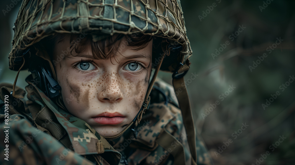 Fototapeta premium little boy living through the ravages of war, little soldier in fear
