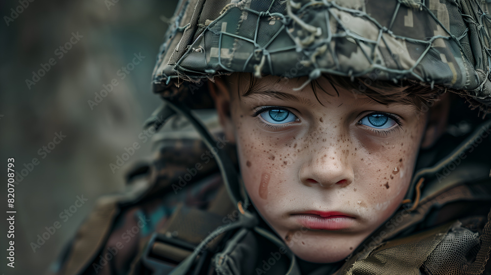 Fototapeta premium Sad and scared soldier kid 