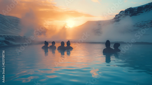 A group of people are swimming in a lake at sunset. The water is warm and the sky is orange. Scene is relaxed and peaceful