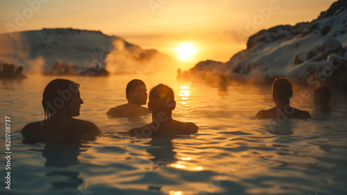 A group of people are swimming in a lake at sunset. The water is warm and the sky is orange. Scene is relaxed and peaceful