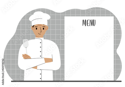 A chef in a cap stands next to a white sheet for placing a menu for a restaurant or cafe. Vector flat illustration