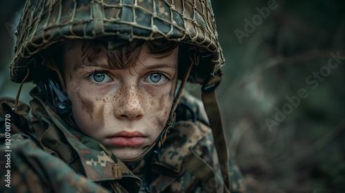 little boy living through the ravages of war, little soldier in fear