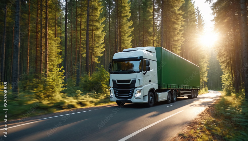 A truck with a trailer drives along a highway in a dense forest at sunset. Logistics and international cargo transportation. Truck is driving fast with a blurry environment.