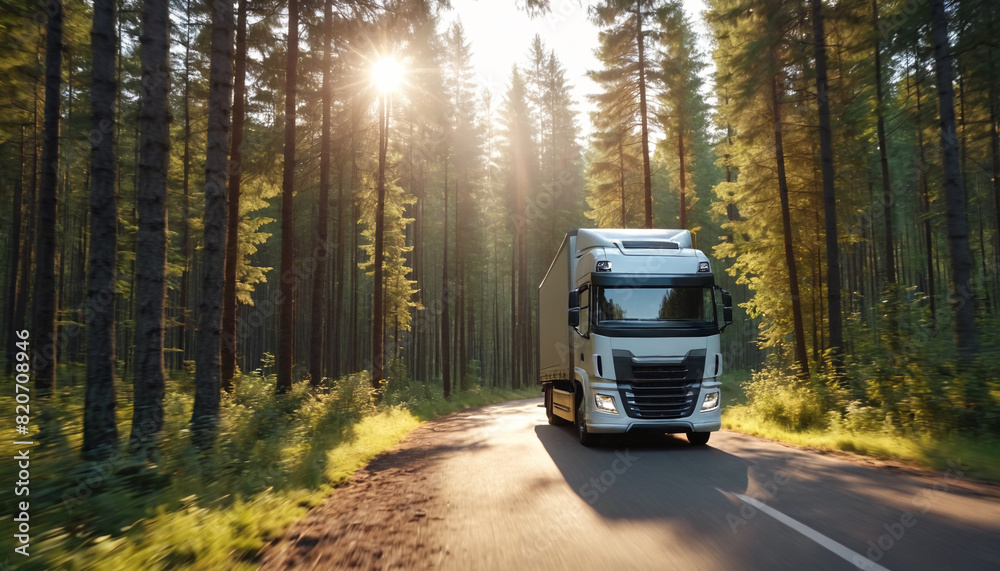 A truck with a trailer drives along a highway in a dense forest at sunset. Logistics and international cargo transportation. Truck is driving fast with a blurry environment.