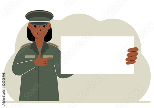 A woman in a military uniform is holding a large white sheet of paper that could be a place for text. Vector flat illustration