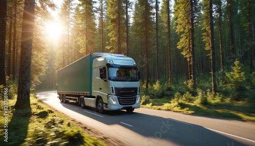 A truck with a trailer drives along a highway in a dense forest at sunset. Logistics and international cargo transportation. Truck is driving fast with a blurry environment.