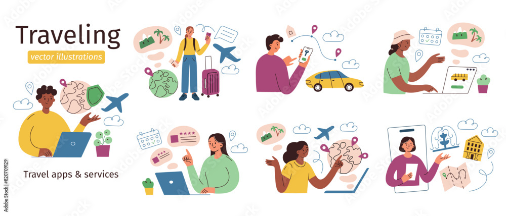 Tourists planning trip set, set of traveling compositions, characters booking flight, hotel, travelers scenes collections, vector illustrations of vacation insurance, mobile apps, services for journey