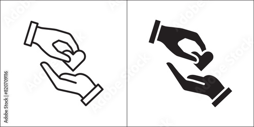 A hand giving heart symbol. Give and receive hand icon. Icon for charity, donation, compassion, solidarity and humanitarian. Vector Stock logo illustration in flat and line design style.