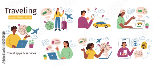 Tourists planning trip set, set of traveling compositions, characters booking flight, hotel, travelers scenes collections, vector illustrations of vacation insurance, mobile apps, services for journey