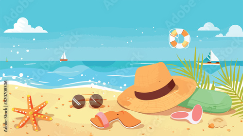 Composition with beach accessories on sand Vector illustration