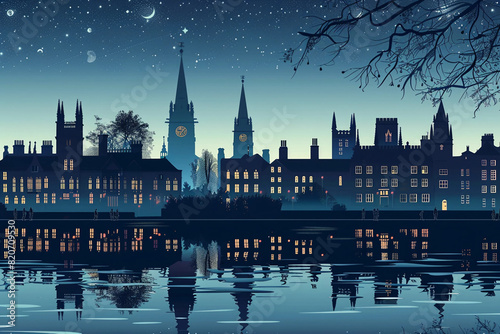 Cambridge city vector skyline at night