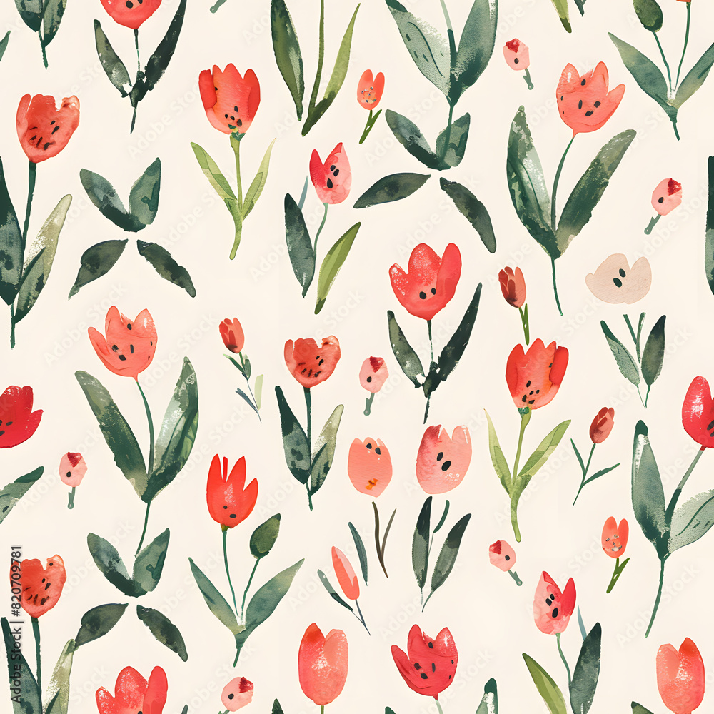 Watercolor seamless pattern with cute and doodle tulips. Red and green colors, white background Watercolor seamless pattern with cute and doodle tulips. Red and green colors, white background