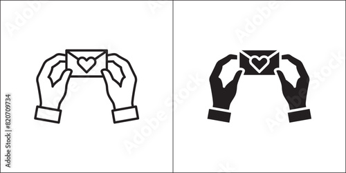 Two hand holding a love envelope. Hands with envelop icon. Icon for charity, donation, compassion, solidarity and humanitarian. Vector Stock logo illustration in flat and line design style.