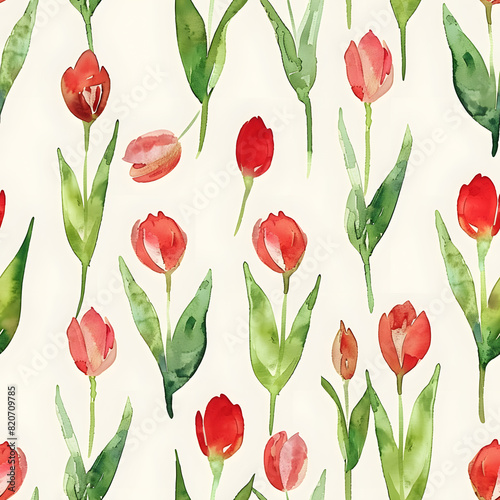 Watercolor seamless pattern with cute and doodle tulips. Red and green colors  white background