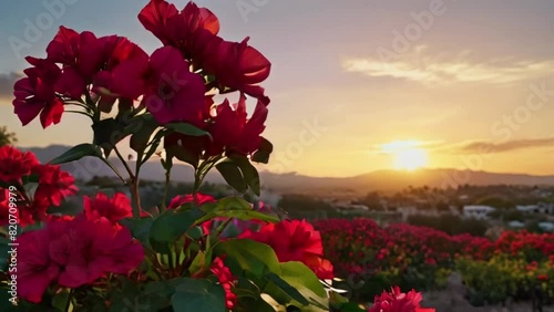 red bougainvillea flowers on sunset background. Seamless 4K looping virtual video animation background photo