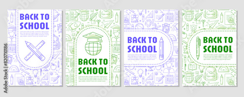 Set of back to school poster, vector blue and green modern minimalist design with school supplies line pattern. Education, learning, knowledge concept. a4 format. For banner, cover, web, flyer