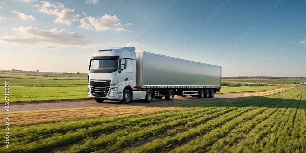 A truck with a trailer is driving along a country road along green fields on a sunny day. Logistics and international cargo transportation. Truck is driving fast with a blurry environment. A truck with a trailer is driving along a country road along green fields on a sunny day. Logistics and international cargo transportation. Truck is driving fast with a blurry environment.