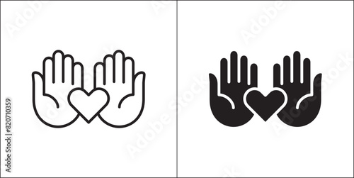 Two hand receiving aid icon. Two hands with hear symbol. Icon for charity, donation, compassion, solidarity and humanitarian. Vector Stock logo illustration in flat and line design style.