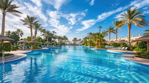 View of the swimming pool in the Stella Di Mare Gardens Resort and Spa located in Makadi Bay AI generated