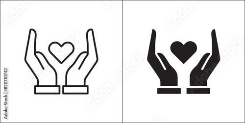 Two hands giving a heart icon. Hands and love sign. Icon for charity, donation, compassion, solidarity and humanitarian. Vector Stock logo illustration in flat and line design style.