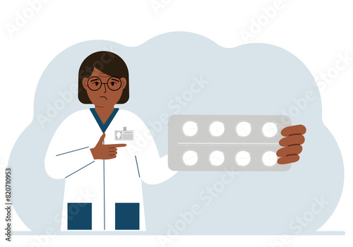 A female doctor in a white coat holds a large plate with pills. Vector flat illustration
