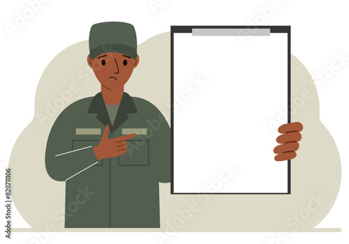A man in a military uniform is holding a large clipboard with plenty of space for text. Vector flat illustration