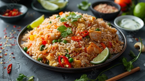 Freshly Prepared Thai Crab Fried Rice with Vibrant Vegetables and Zesty Lime Garnish