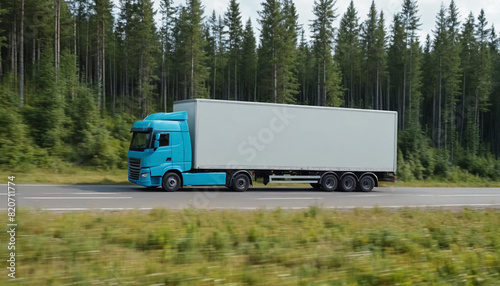 A truck with a trailer is driving along the highway along the forest. Logistics and international cargo transportation. Truck is driving fast with a blurry environment. Concept of cargo transportation