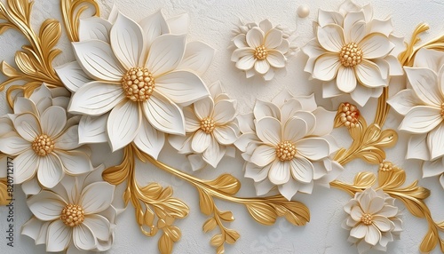 Light decorative texture of a plaster wall with voluminous decorative flowers and golden elements.